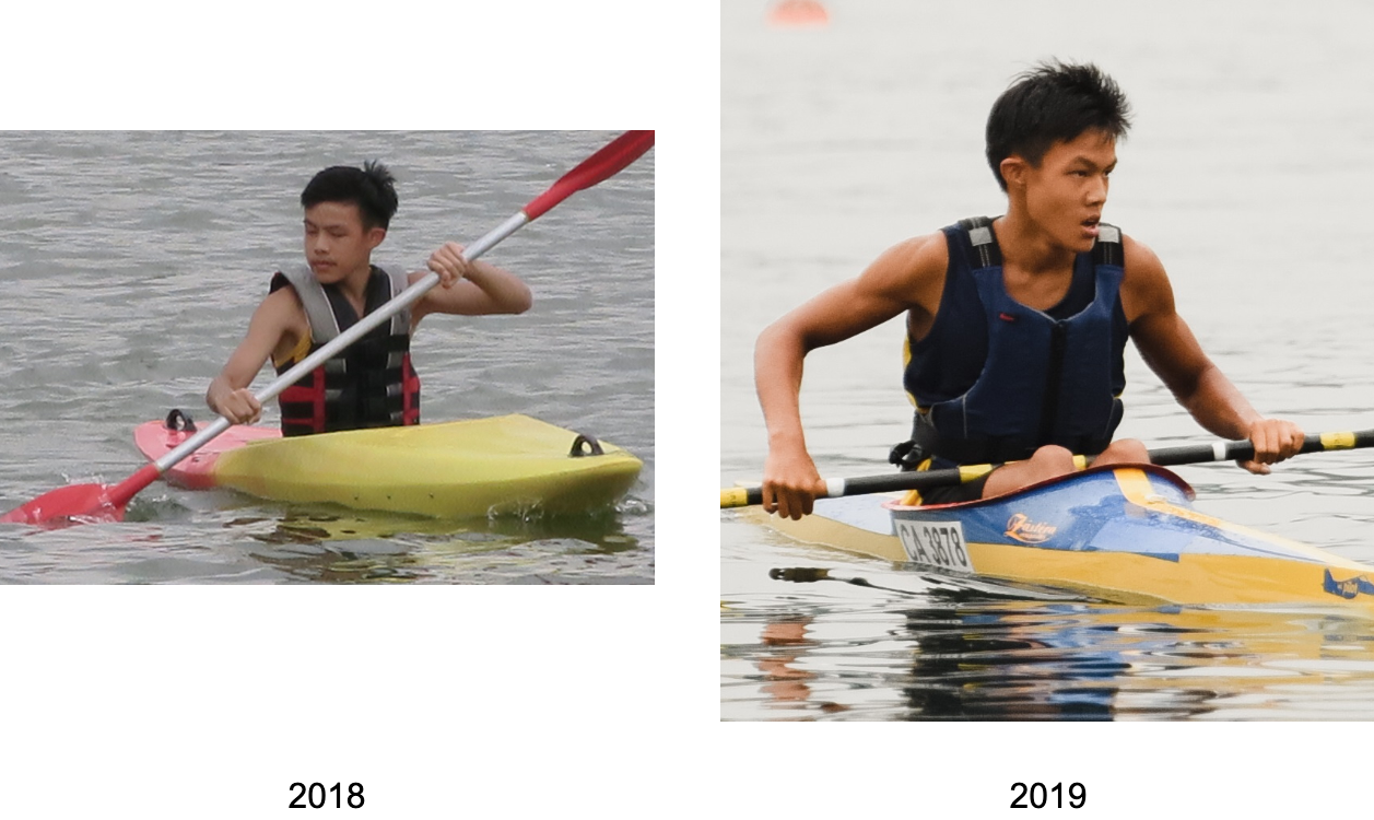 A young man kayaking on water in 2018 with a yellow kayak and in 2019 with a blue and yellow kayak.